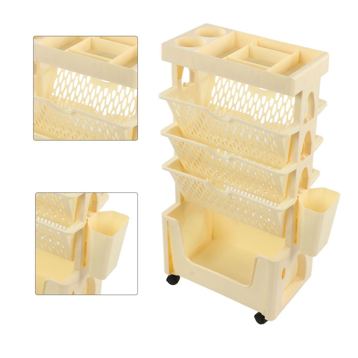 Movable Book Rack Large Capacity 5 Layer Thickened Rollers Multifunctional Movable Bookshelf for Bedroom Living Room Home School Beige