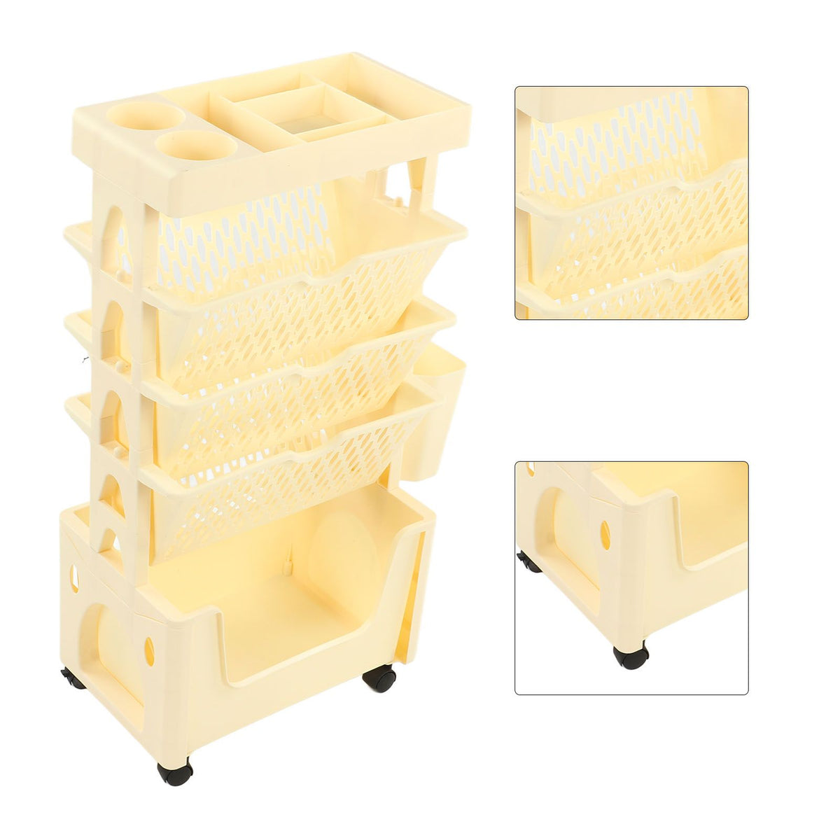 Movable Book Rack Large Capacity 5 Layer Thickened Rollers Multifunctional Movable Bookshelf for Bedroom Living Room Home School Beige