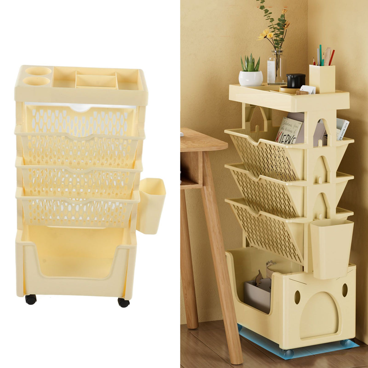 Movable Book Rack Large Capacity 5 Layer Thickened Rollers Multifunctional Movable Bookshelf for Bedroom Living Room Home School Beige