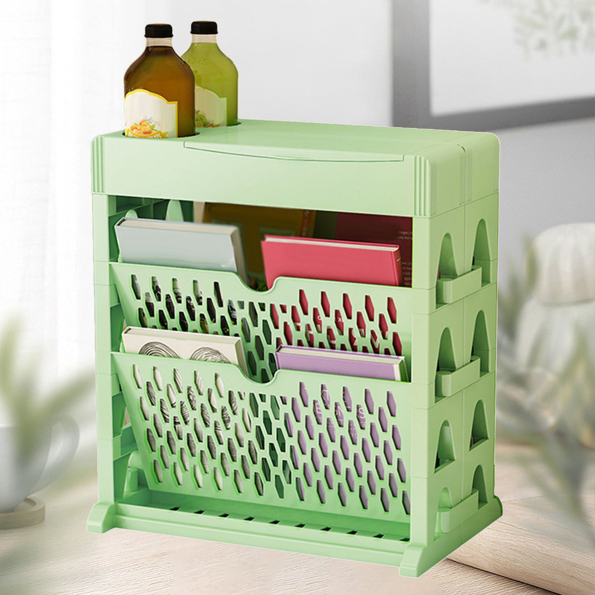 Book Rack Storage Bookshelf Small Storage Bookshelf Bookcase Large Capacity Easy Access for Living Room Bedroom Double Row 2 Layer Green