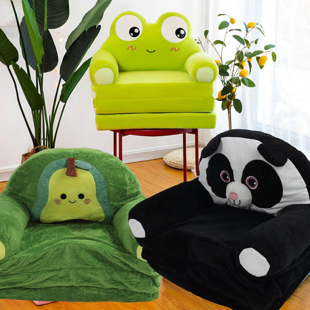 Foldable Kids Sofa Cute Cartoon Design Short Plush Soft Comfortable Portable Children Couch for Home Frog