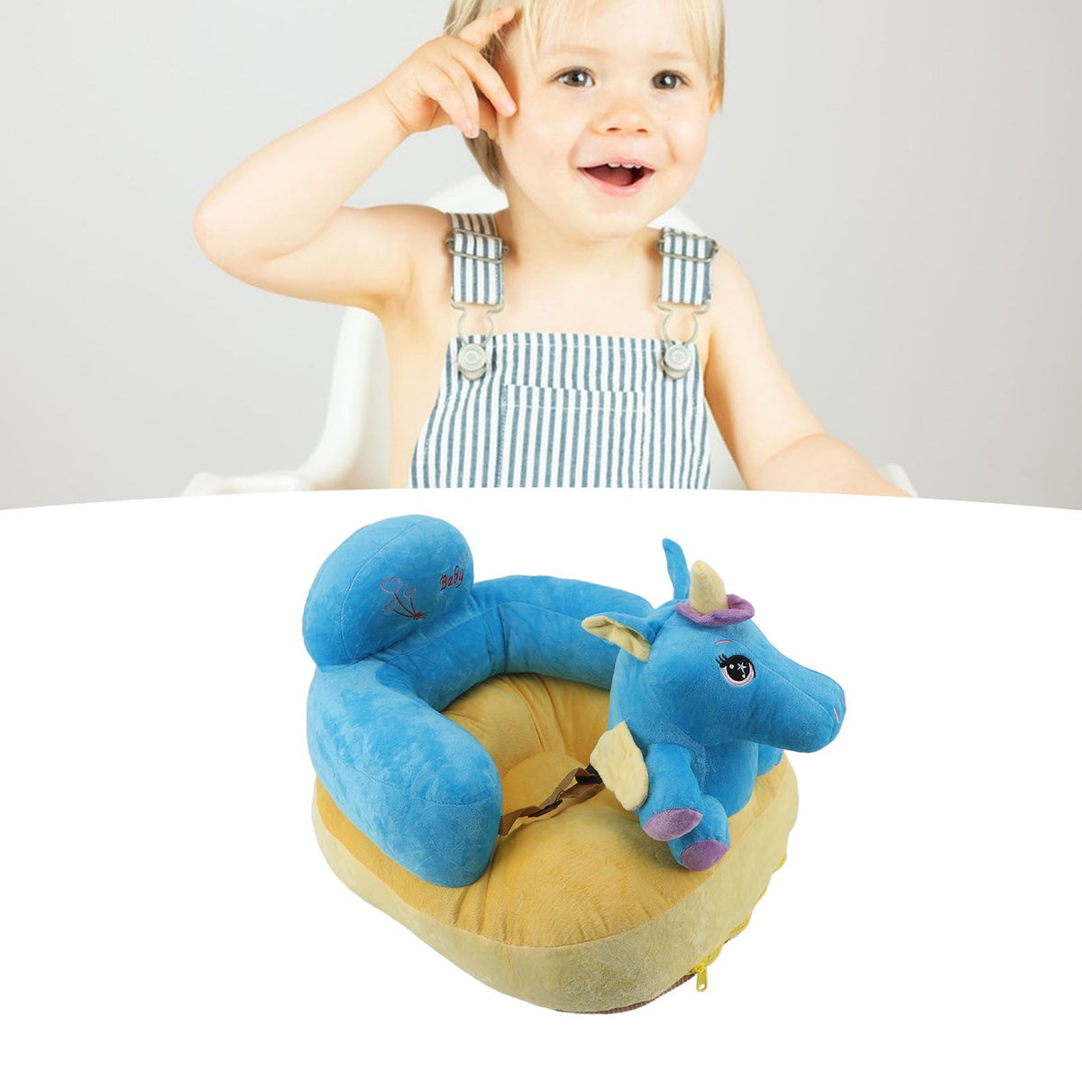 Baby Support Seat Sofa Soft Plush Comfortable Cute Animal Shape Prevent Slip Adjustable Baby Learn Sitting Support Seat Blue Horse
