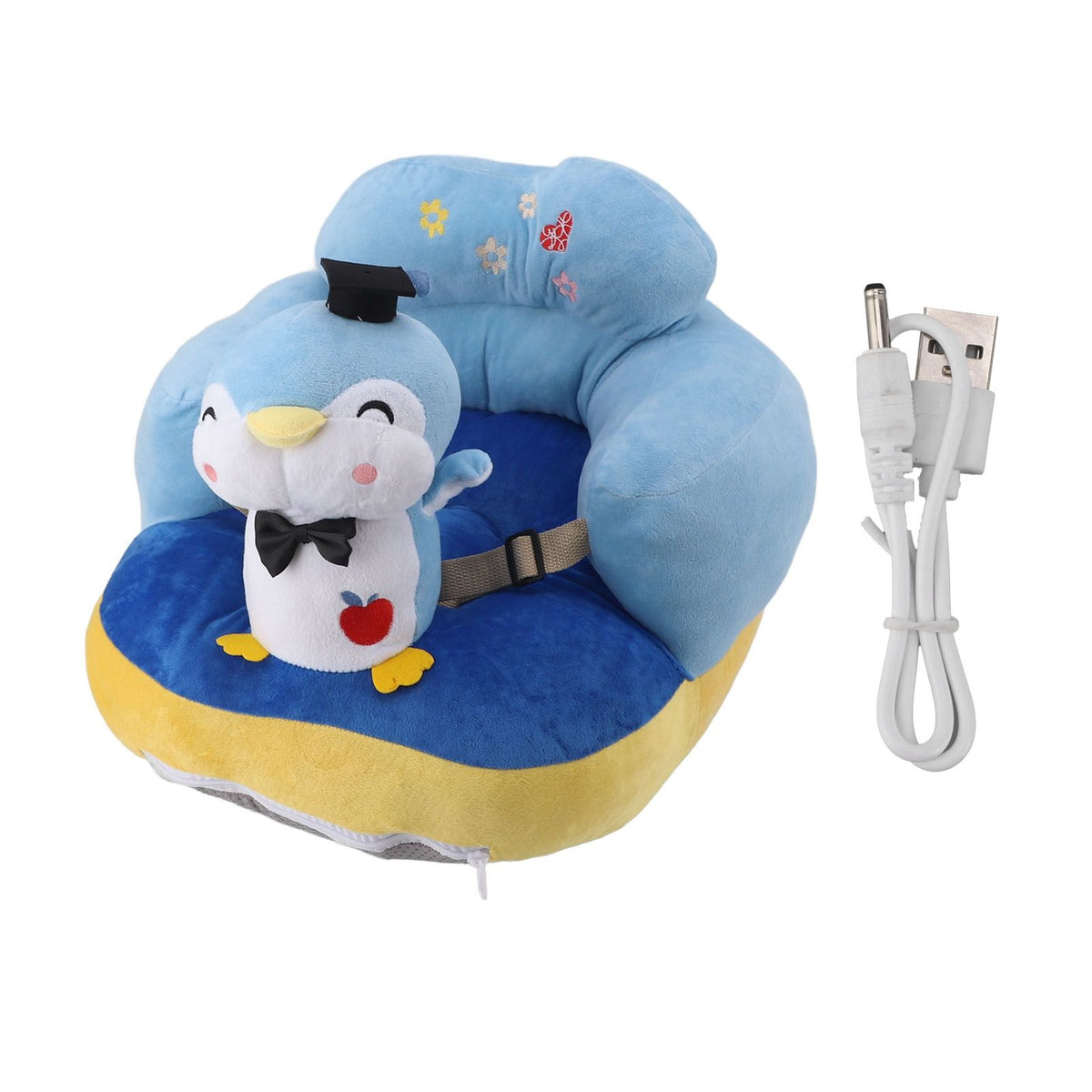 Baby Sofa Chair Floor Support Seat Bluetooth Plush Cute Cartoon Animal Adjustable Baby Learn to Sit Up Chair with USB Cable for Toddlers Boys Girls Blue Penguin
