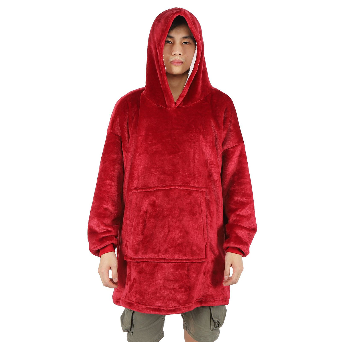 Hooded Blanket Fleece Flannel Hoodie Warm Clothes with Pocket Oversized Free SizeRed