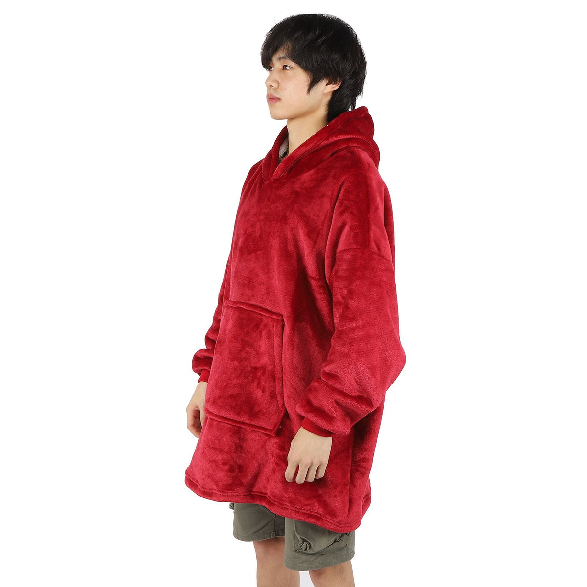 Hooded Blanket Fleece Flannel Hoodie Warm Clothes with Pocket Oversized Free SizeRed