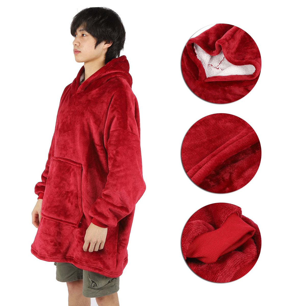 Hooded Blanket Fleece Flannel Hoodie Warm Clothes with Pocket Oversized Free SizeRed