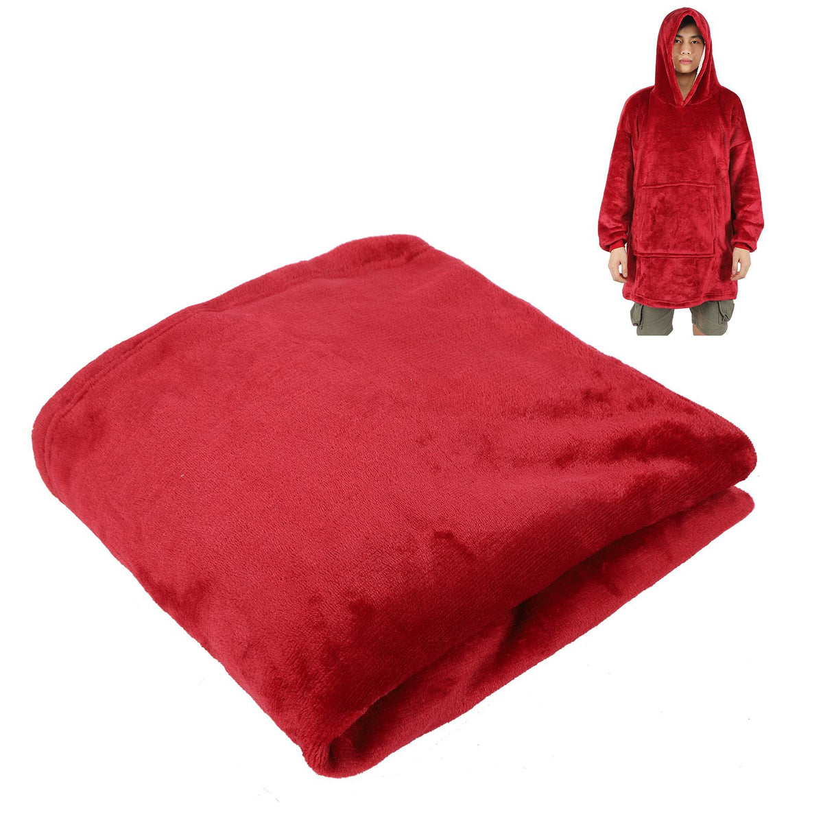Hooded Blanket Fleece Flannel Hoodie Warm Clothes with Pocket Oversized Free SizeRed