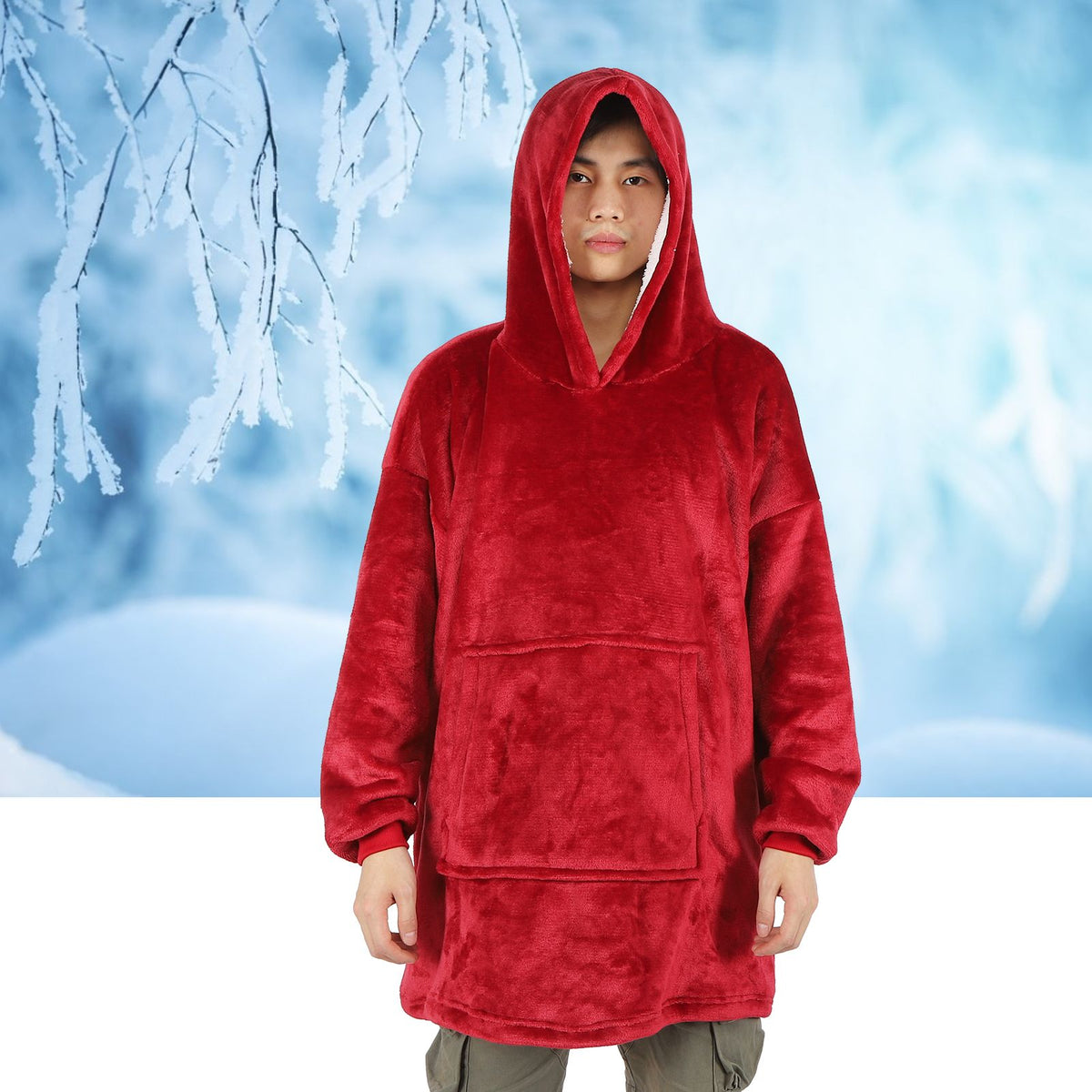 Hooded Blanket Fleece Flannel Hoodie Warm Clothes with Pocket Oversized Free SizeRed