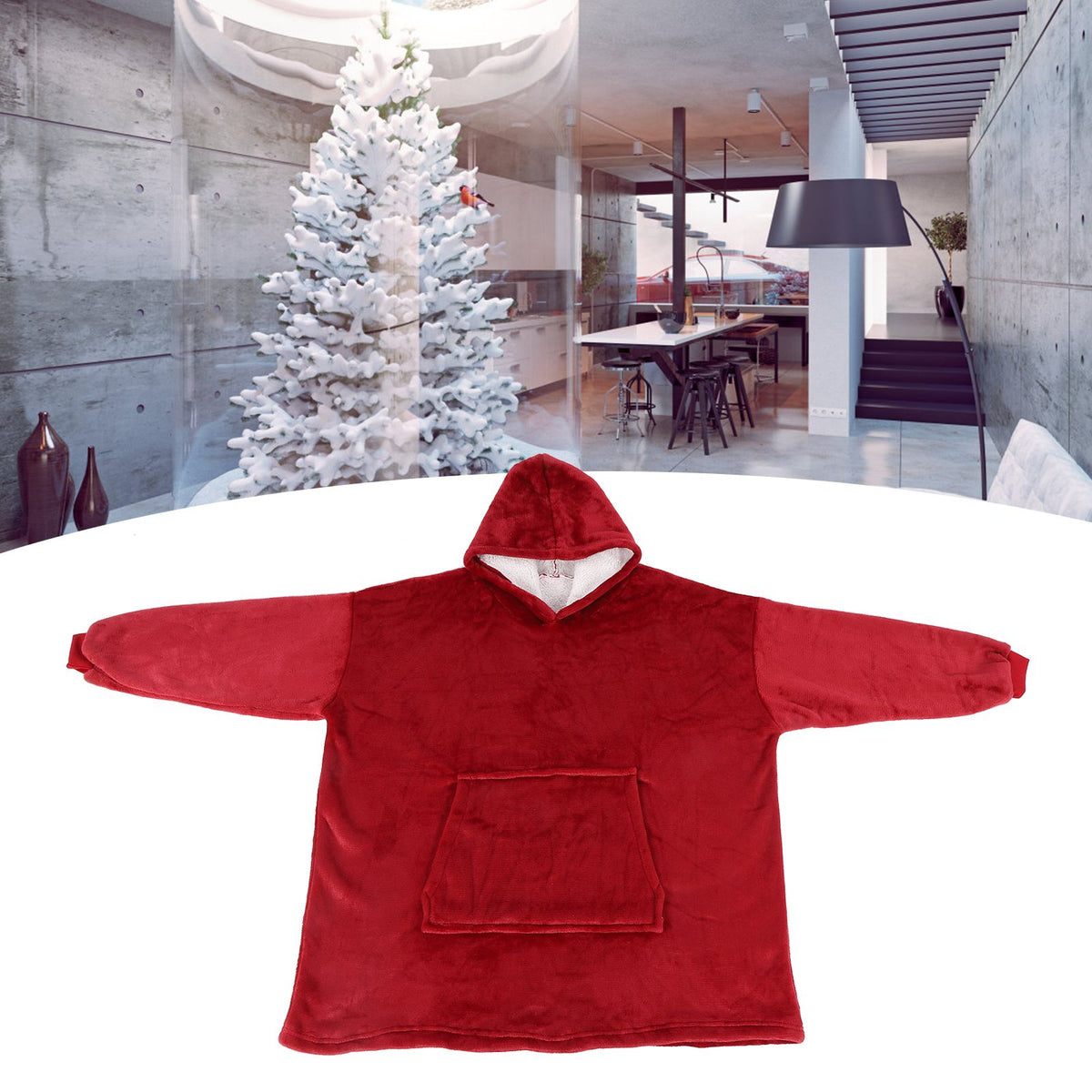 Hooded Blanket Fleece Flannel Hoodie Warm Clothes with Pocket Oversized Free SizeRed