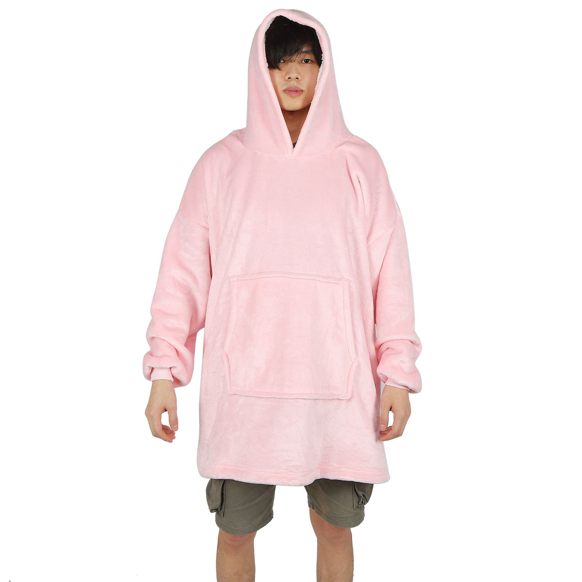 Hooded Blanket Fleece Flannel Hoodie Warm Clothes with Pocket Oversized Free SizePink