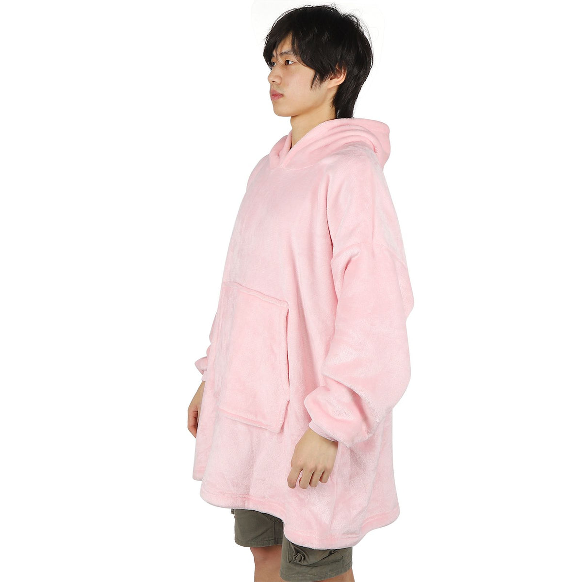Hooded Blanket Fleece Flannel Hoodie Warm Clothes with Pocket Oversized Free SizePink