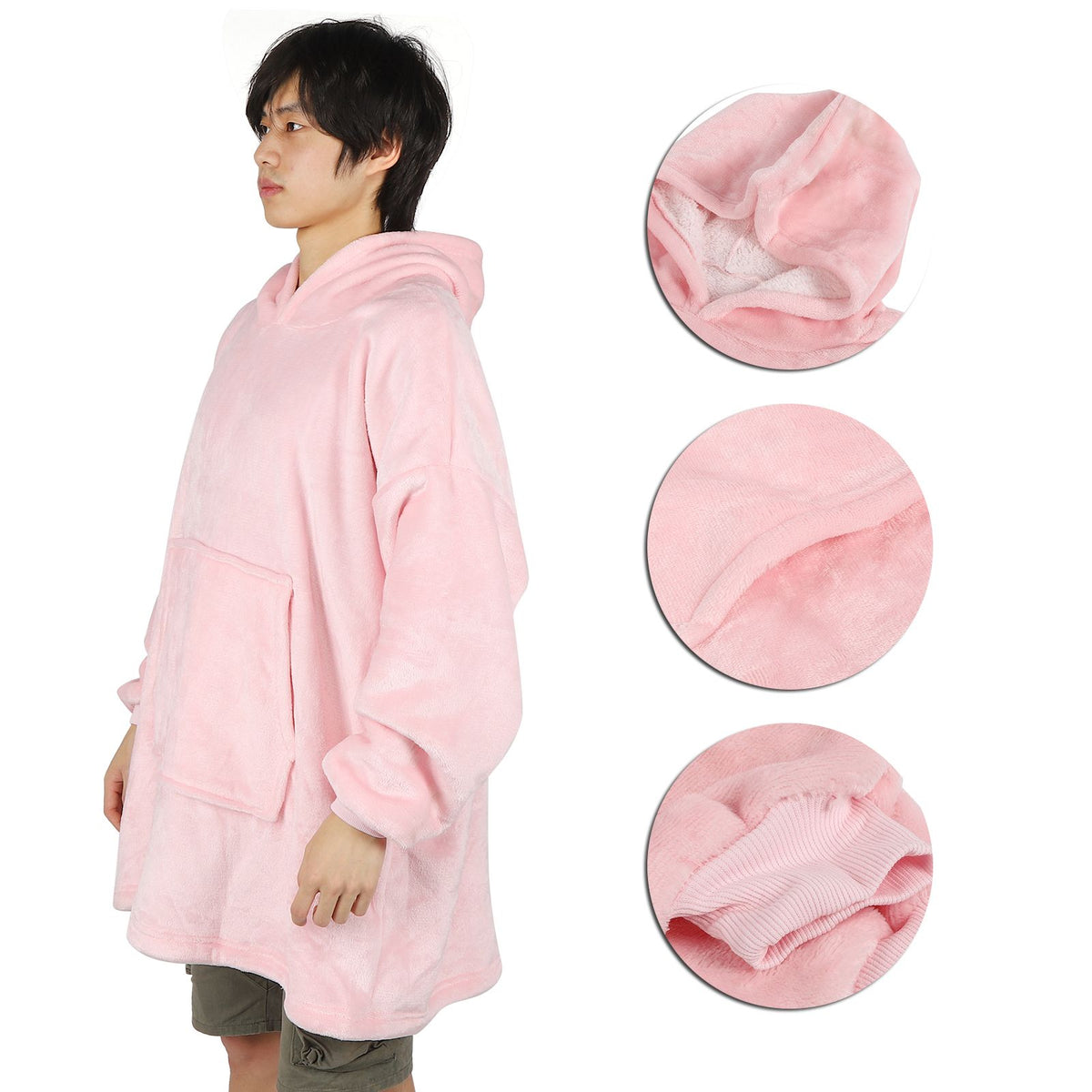 Hooded Blanket Fleece Flannel Hoodie Warm Clothes with Pocket Oversized Free SizePink