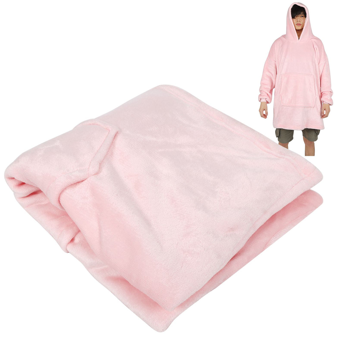 Hooded Blanket Fleece Flannel Hoodie Warm Clothes with Pocket Oversized Free SizePink