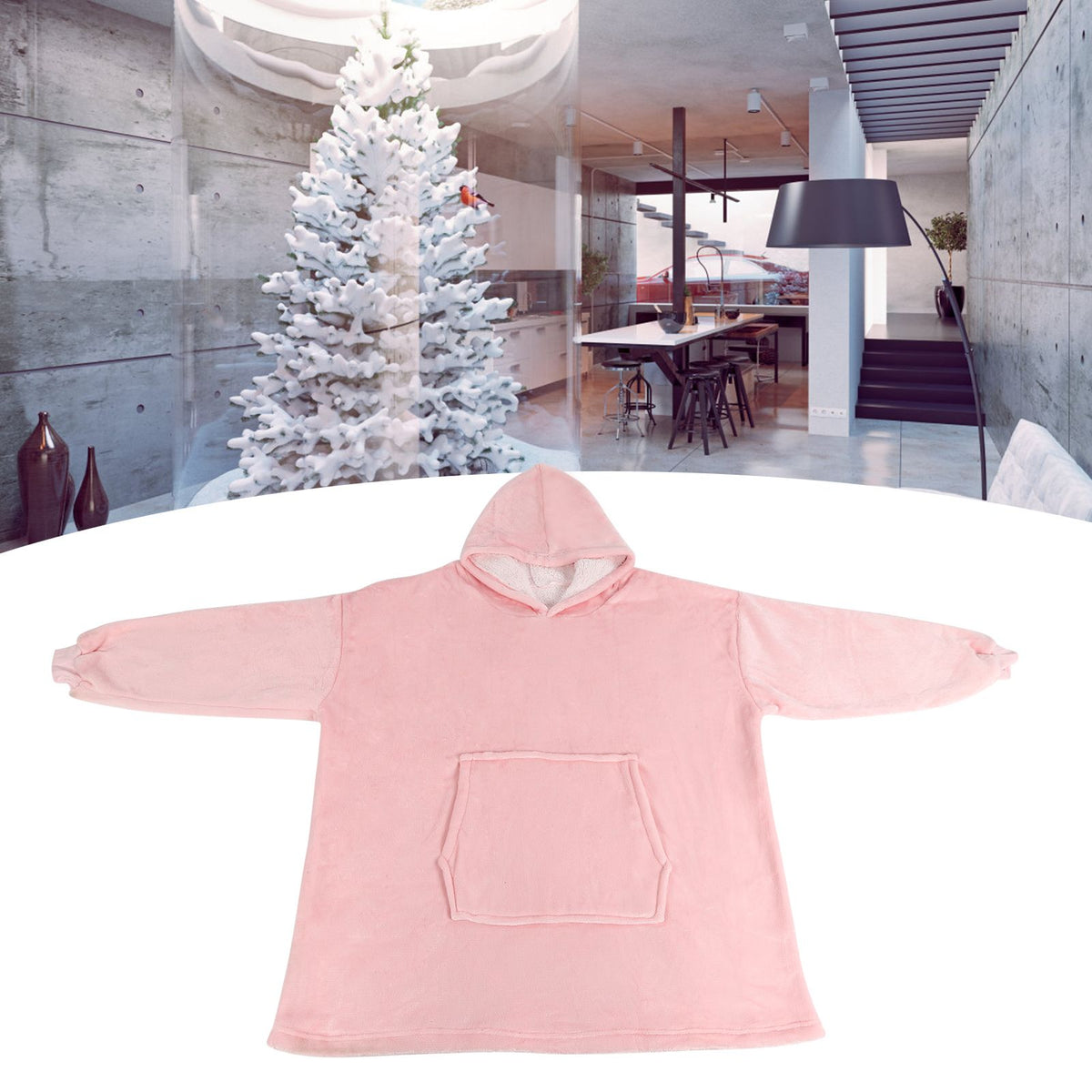 Hooded Blanket Fleece Flannel Hoodie Warm Clothes with Pocket Oversized Free SizePink