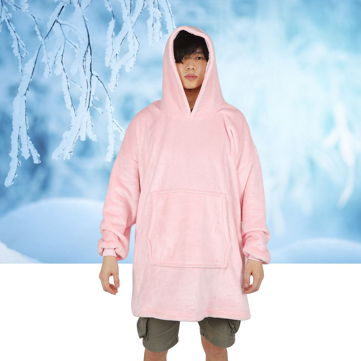 Hooded Blanket Fleece Flannel Hoodie Warm Clothes with Pocket Oversized Free SizePink