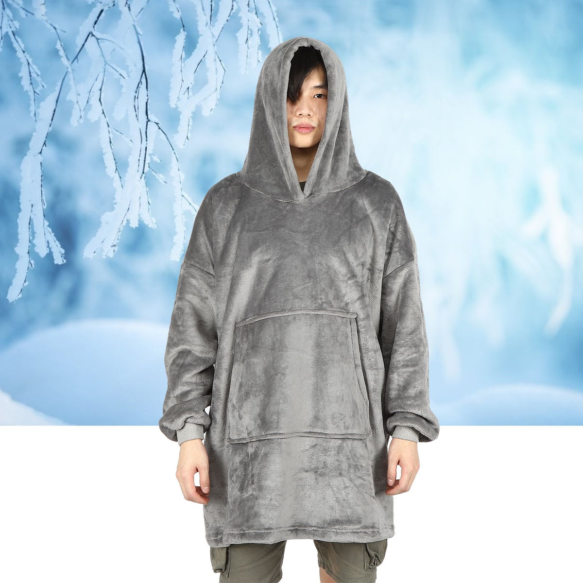 Hooded Blanket Fleece Flannel Hoodie Warm Clothes with Pocket Oversized Free SizeGray