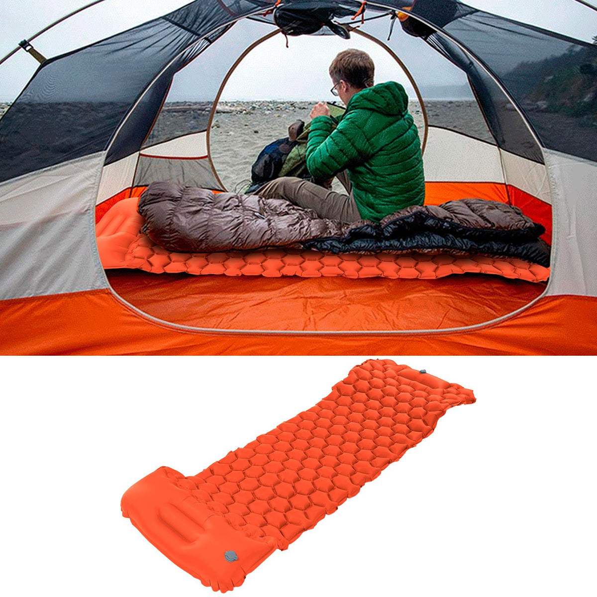Camping Sleeping Pad Mat Foot Press Inflatable Cushion Mattress for Tent Hiking TravelOrange
