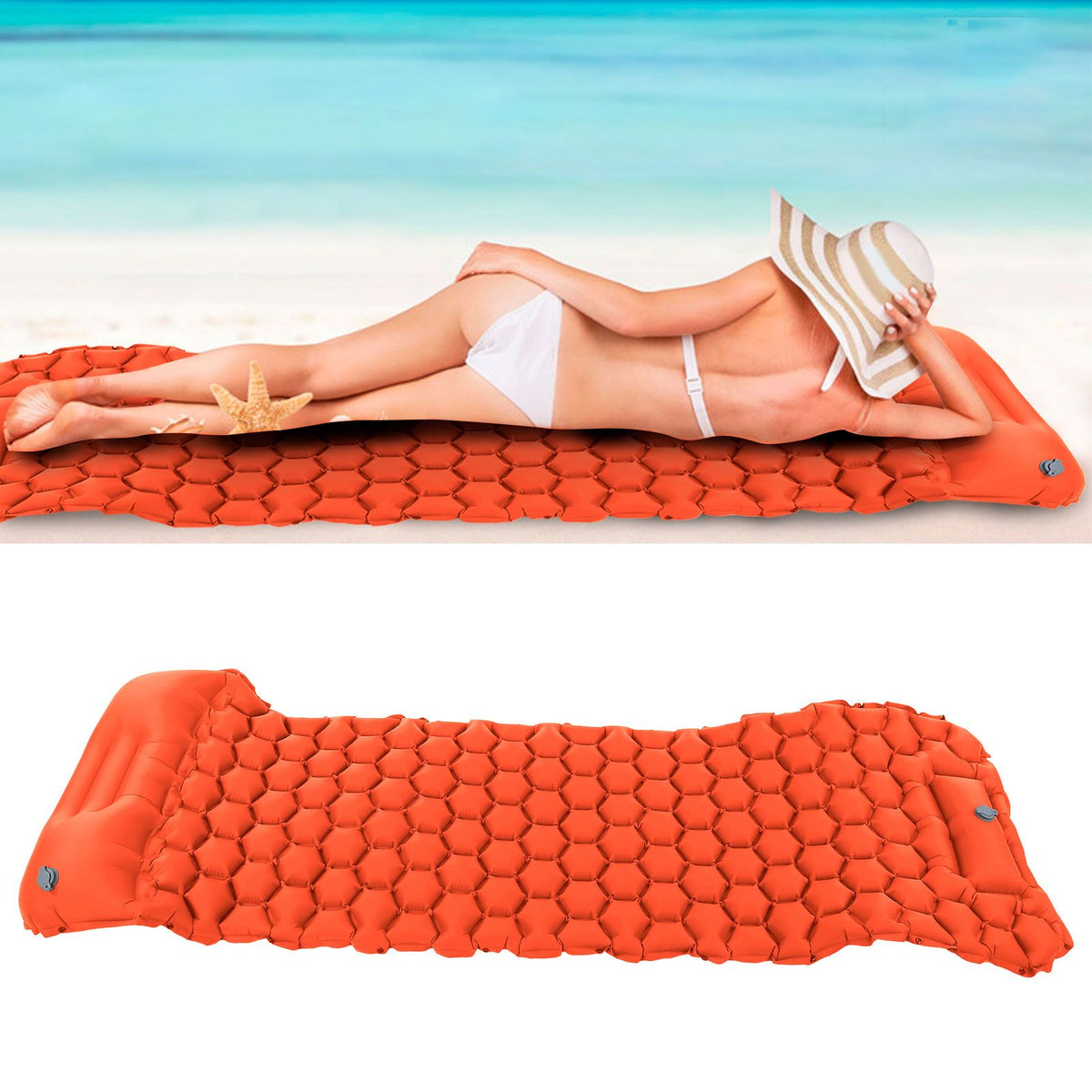 Camping Sleeping Pad Mat Foot Press Inflatable Cushion Mattress for Tent Hiking TravelOrange