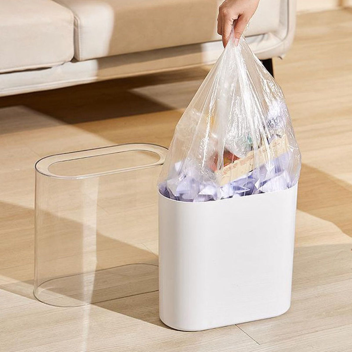 Slim Trash Can PET Wastebasket Double Layer Small Open Top Garbage Container Bin with Transparent Housing for Bathroom Bedroom Kitchen
