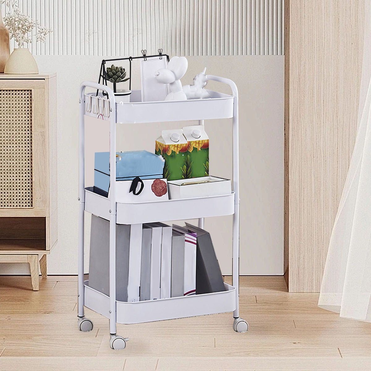 3 Tier Utility Rolling Cart with Caster Wheels Movable Multifunctional Storage Cart for Kitchen Bathroom White 3 Layers