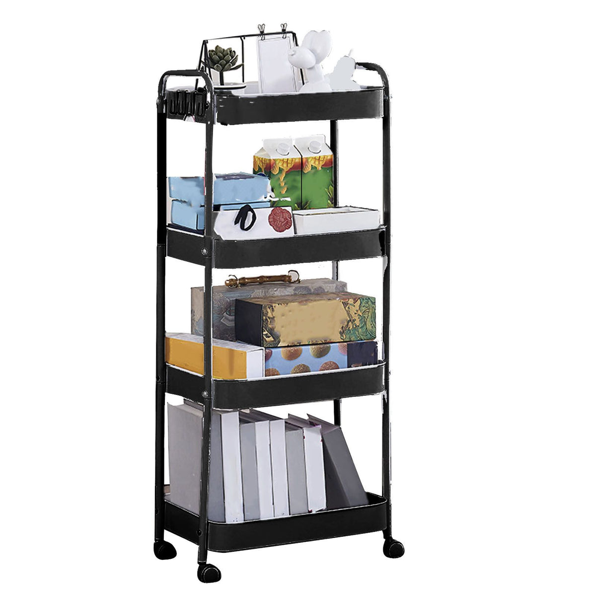 3 Tier Utility Rolling Cart with Caster Wheels Movable Multifunctional Storage Cart for Kitchen Bathroom Black 4 Layers