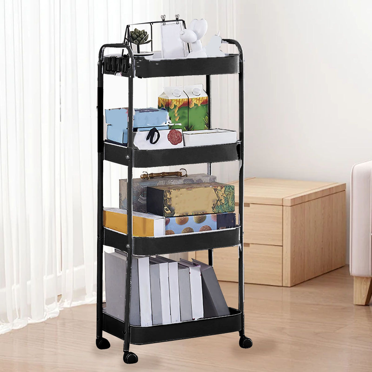 3 Tier Utility Rolling Cart with Caster Wheels Movable Multifunctional Storage Cart for Kitchen Bathroom Black 4 Layers