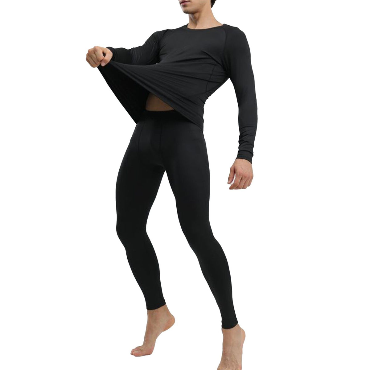 Men's Thermal Underwear Black Stylish Soft Close Fitting Men Cold Weather Top Bottom Set Base Layer for Autumn Winter S