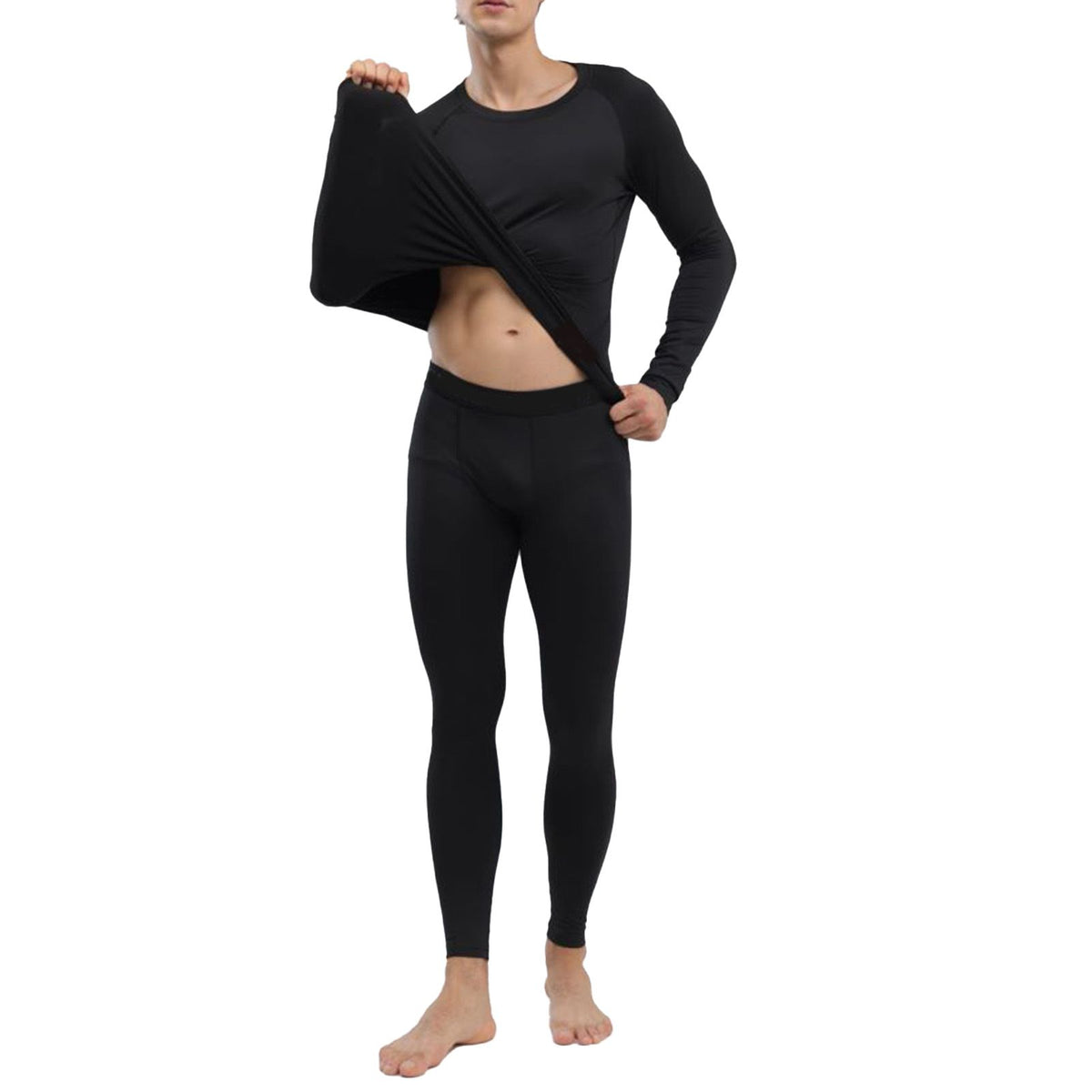 Men's Thermal Underwear Black Stylish Soft Close Fitting Men Cold Weather Top Bottom Set Base Layer for Autumn Winter M
