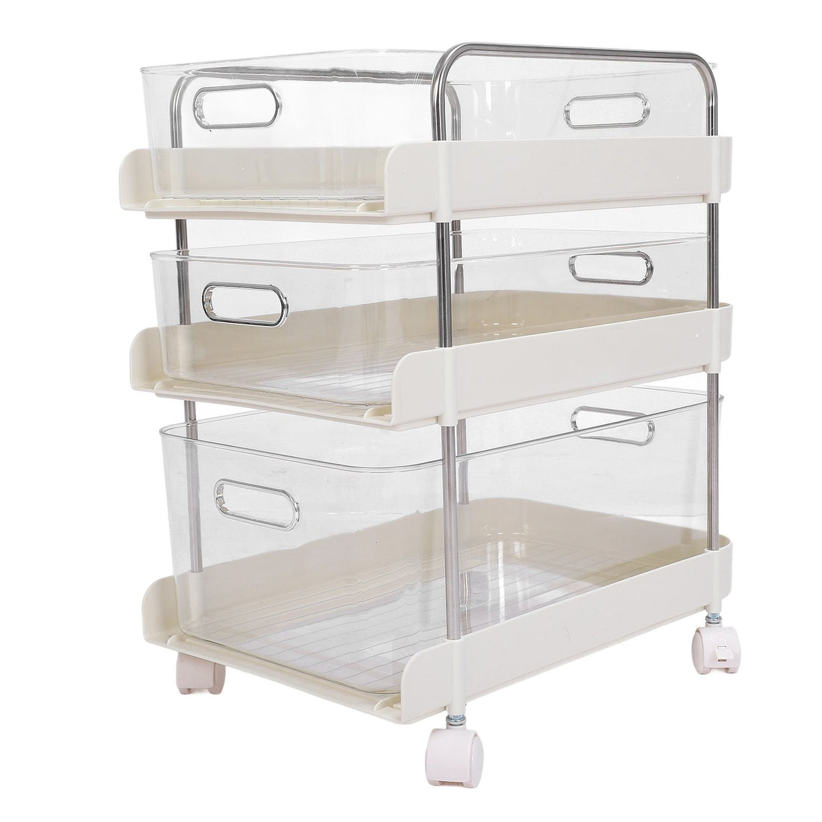 Storage Shelving Unit Organizer Multifunctional Cosmetics Snacks Display Storage Rack for Kitchen Bedroom Living Room 3 Layers with Wheels