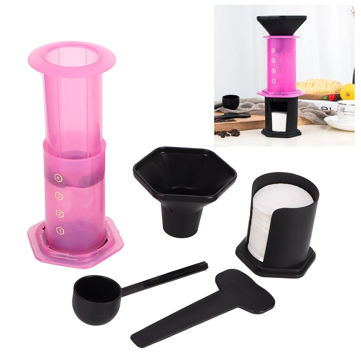 Coffee Press Portable Coffee Maker Household Press Drip Coffee Machine with 400Pcs Filter PaperPink