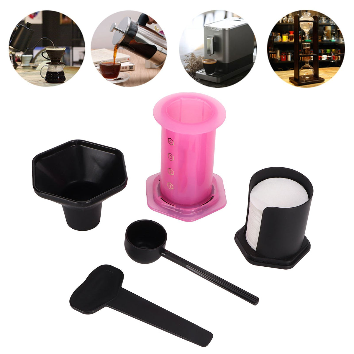 Coffee Press Portable Coffee Maker Household Press Drip Coffee Machine with 400Pcs Filter PaperPink