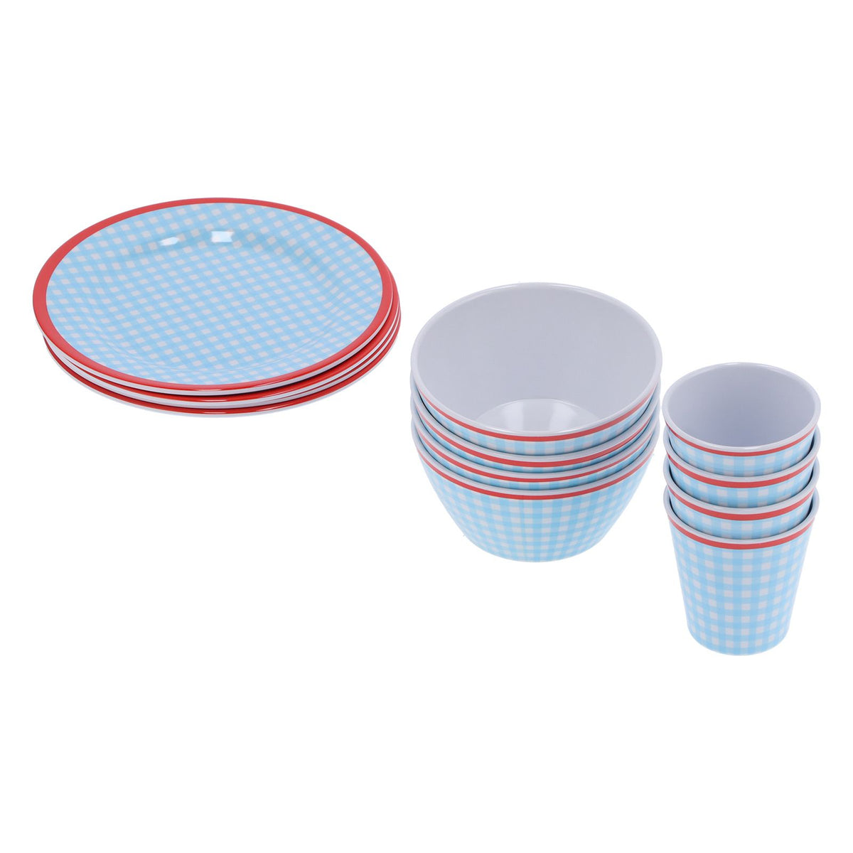 12Pcs/Set Household Dinnerware Light Blue Grid Cup Bowl Plate for Home Kitchen Restaurant