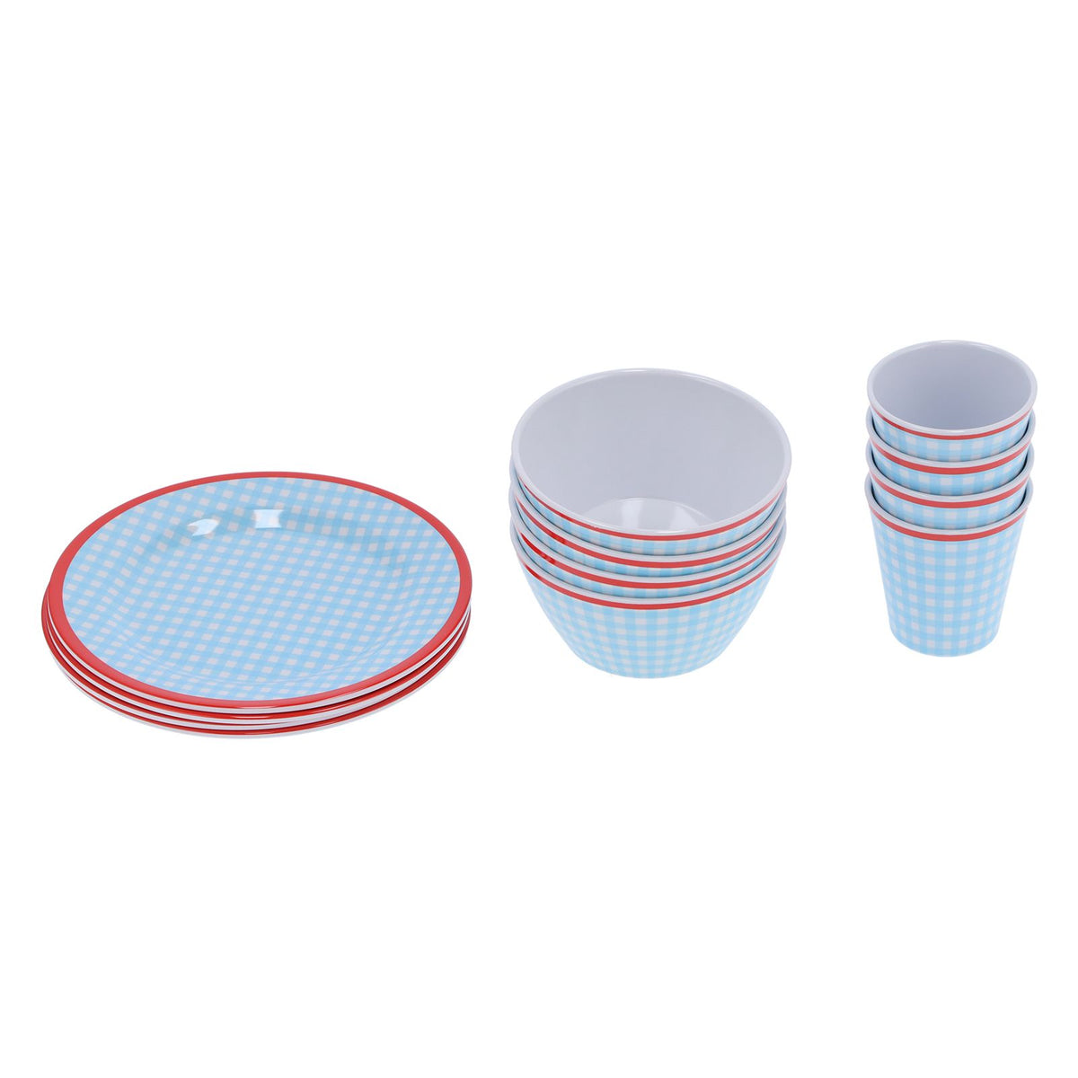 12Pcs/Set Household Dinnerware Light Blue Grid Cup Bowl Plate for Home Kitchen Restaurant