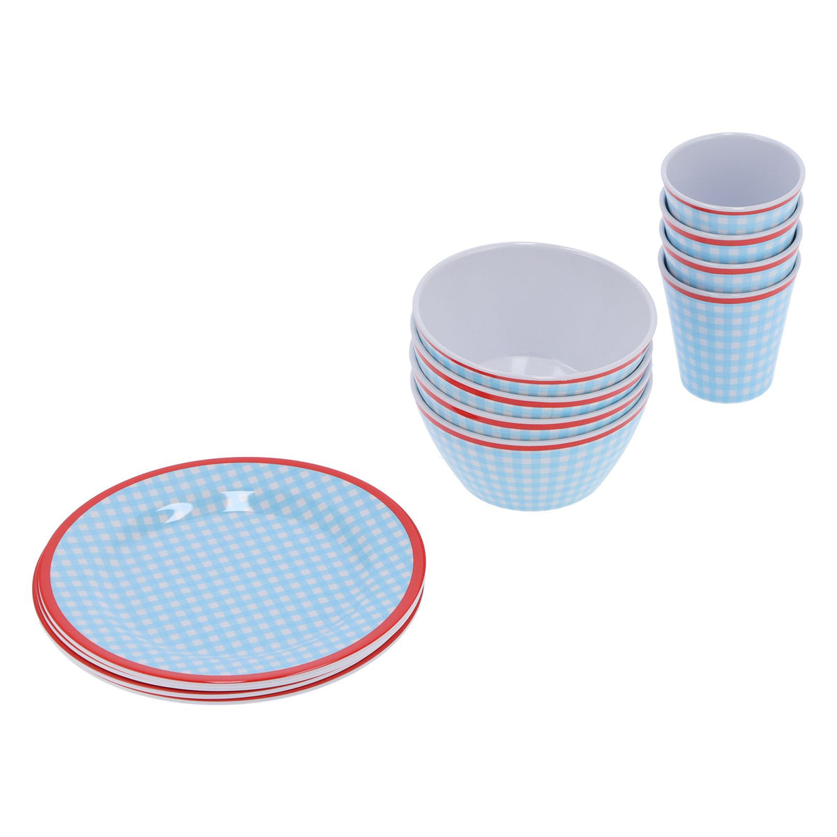 12Pcs/Set Household Dinnerware Light Blue Grid Cup Bowl Plate for Home Kitchen Restaurant