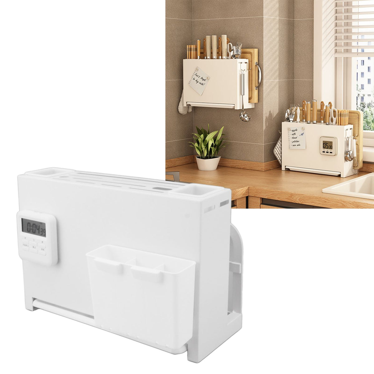 Multifunctional Knife Holder Wall Mounted Countertop White Magnetic Chopstick Holder Timer Kitchen Knife Holder for Home Kitchen Restaurant