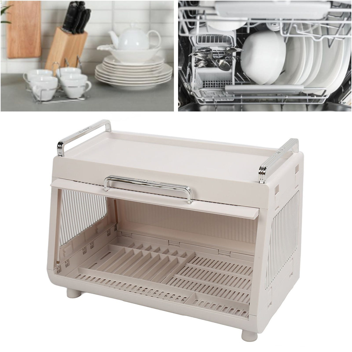 Dish Drying Rack Container with Lid Large Capacity 19x11x13in Sturdy Versatile Dish Drainer for Kitchen Bowls Plates White