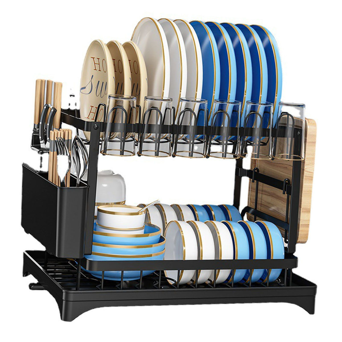 Dish Drying Rack for Countertop Aluminum 2 Tier Dish Rack with Drainboard and Utensil Holder for Kitchen Organization Black