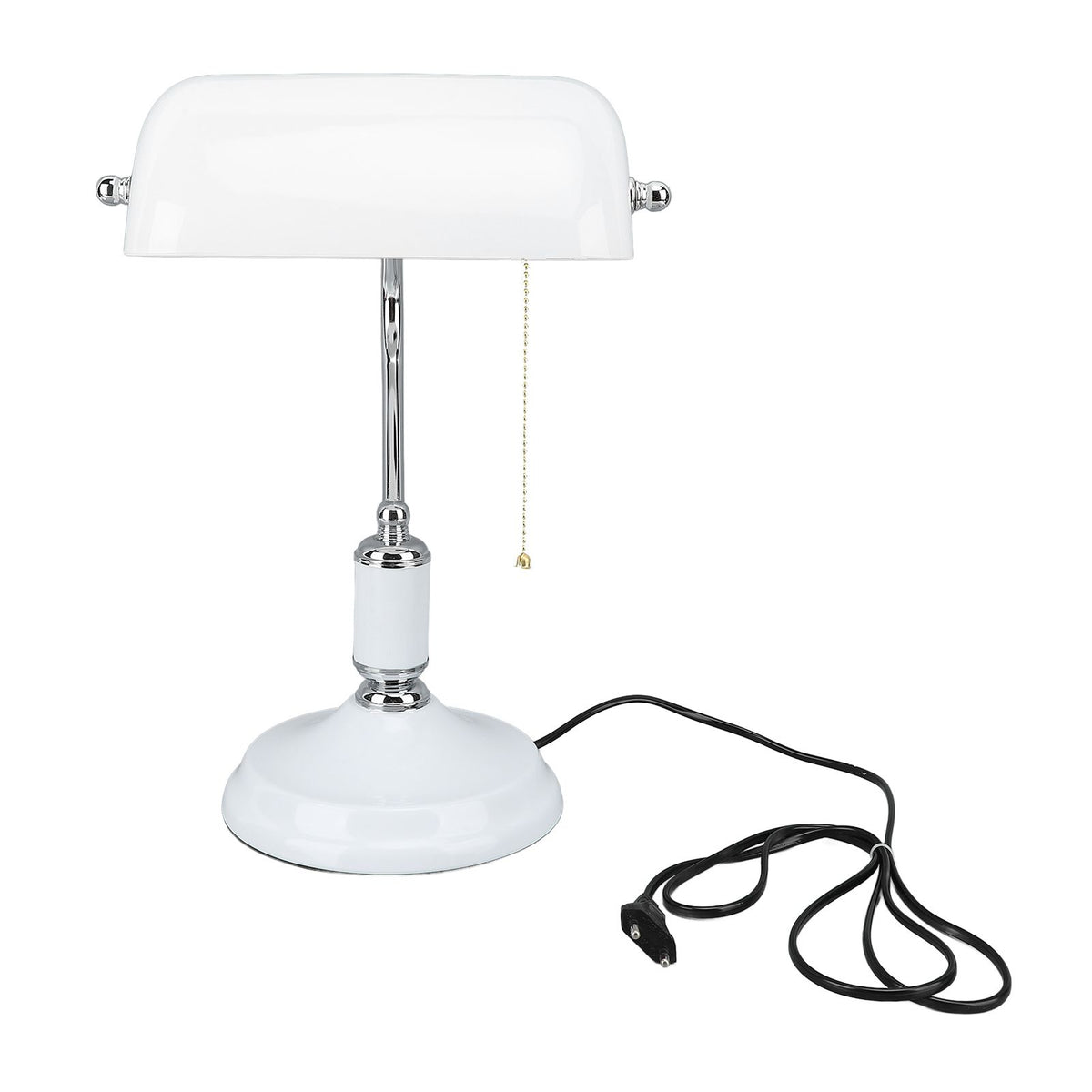 Bankers Table Lamp White Glass Vintage Style Desk Lamp with Retro Pull Chain Switch Reading Table Lamp