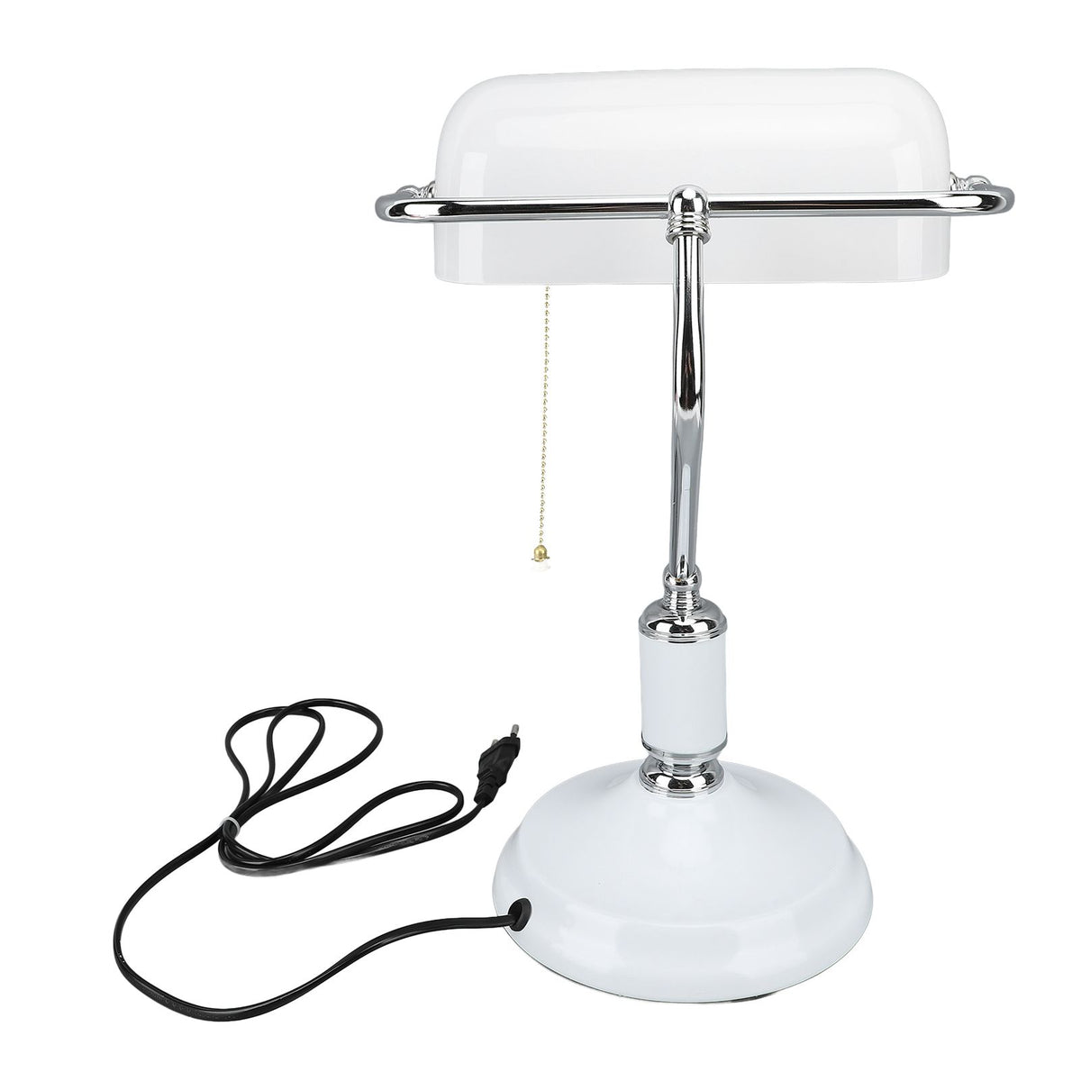 Bankers Table Lamp White Glass Vintage Style Desk Lamp with Retro Pull Chain Switch Reading Table Lamp
