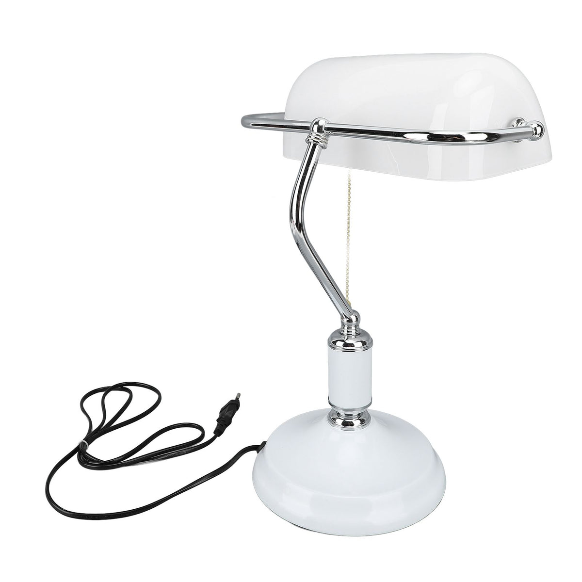 Bankers Table Lamp White Glass Vintage Style Desk Lamp with Retro Pull Chain Switch Reading Table Lamp