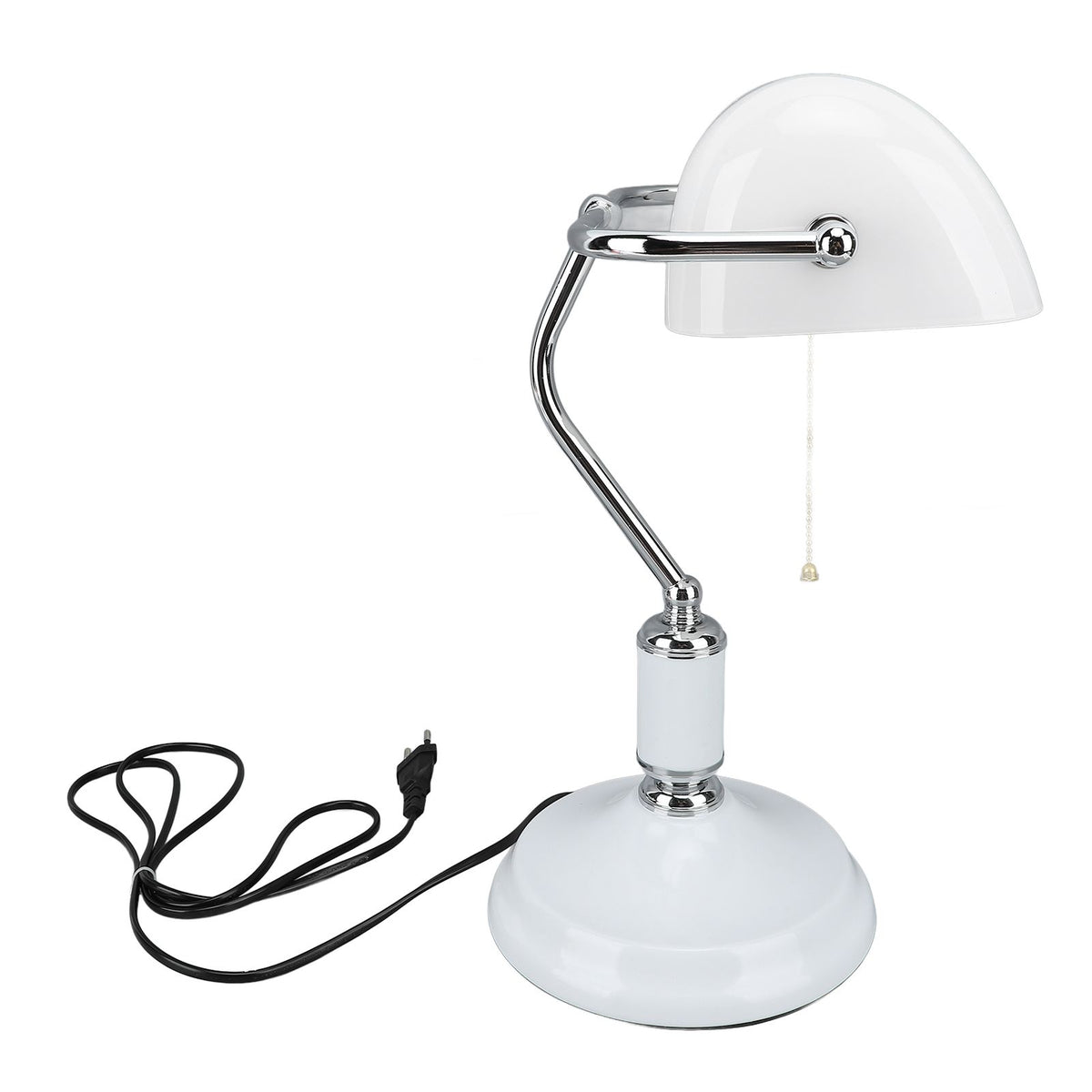 Bankers Table Lamp White Glass Vintage Style Desk Lamp with Retro Pull Chain Switch Reading Table Lamp
