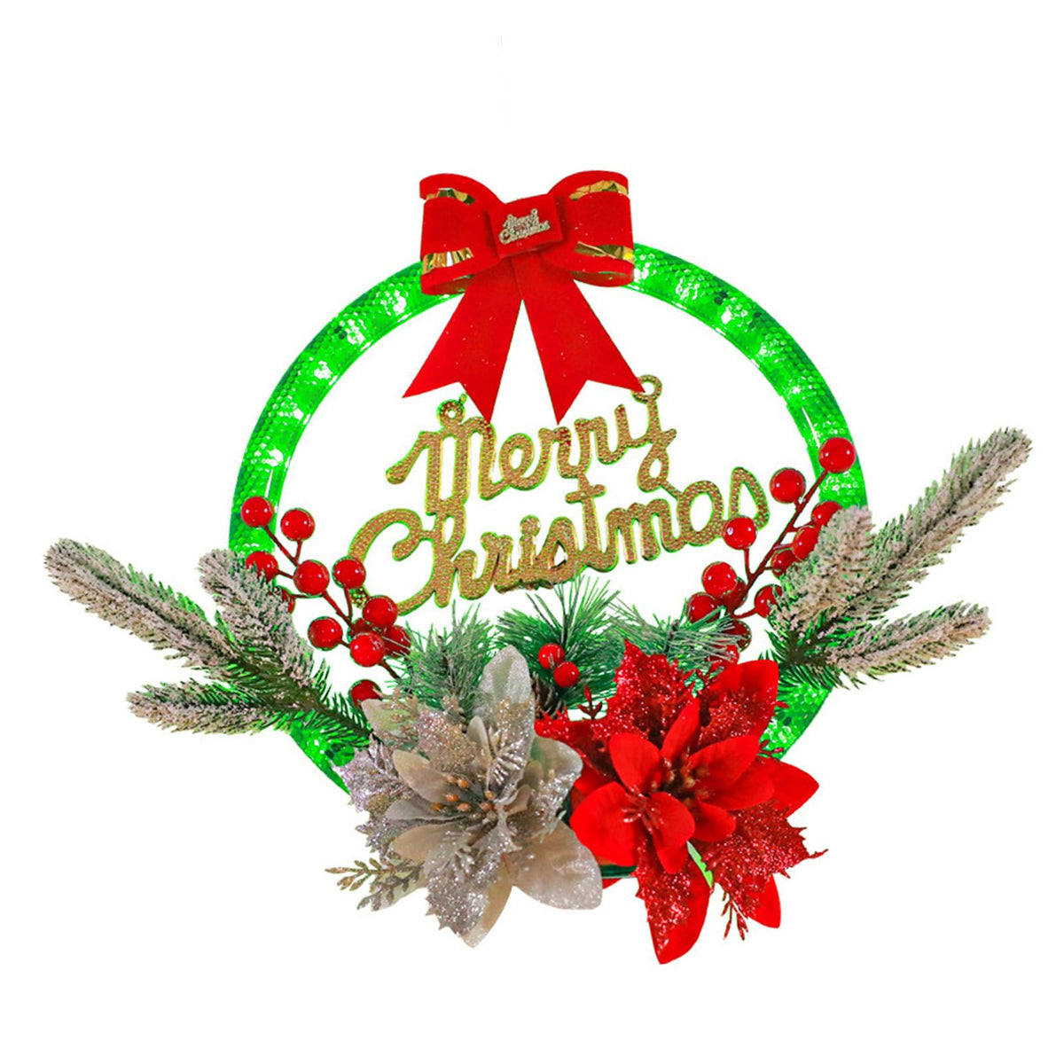 Christmas Wreath Light Decoration Artificial Red Berry Pine Needle LED Lighted Christmas Wreath Decor Red Flower