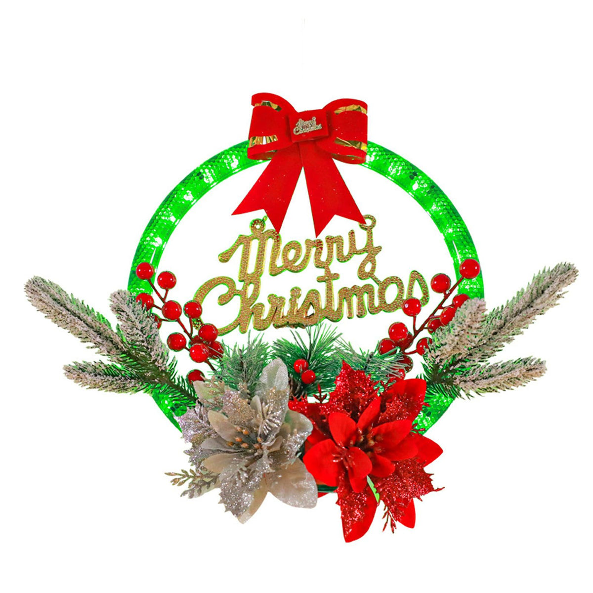 Christmas Wreath Light Decoration Artificial Red Berry Pine Needle LED Lighted Christmas Wreath Decor Red Flower