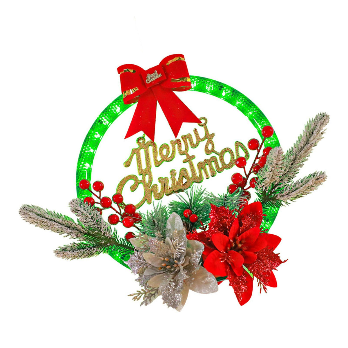 Christmas Wreath Light Decoration Artificial Red Berry Pine Needle LED Lighted Christmas Wreath Decor Red Flower