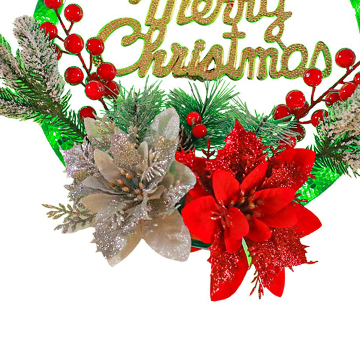 Christmas Wreath Light Decoration Artificial Red Berry Pine Needle LED Lighted Christmas Wreath Decor Red Flower
