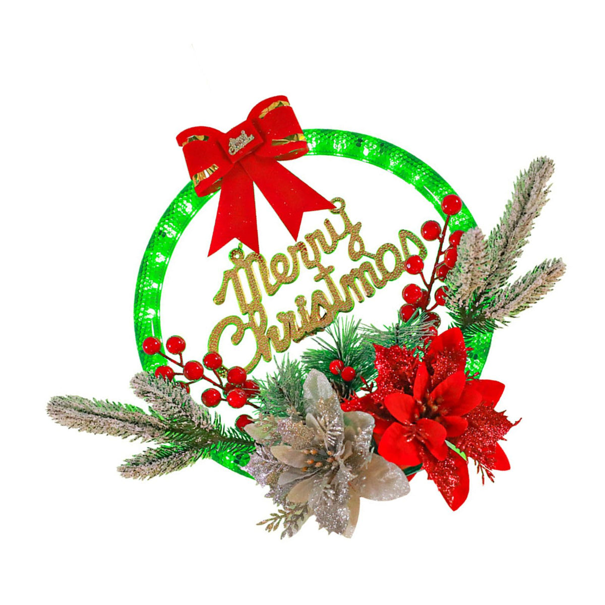 Christmas Wreath Light Decoration Artificial Red Berry Pine Needle LED Lighted Christmas Wreath Decor Red Flower