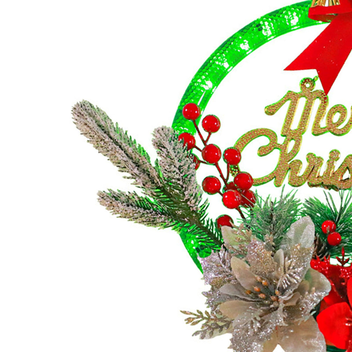 Christmas Wreath Light Decoration Artificial Red Berry Pine Needle LED Lighted Christmas Wreath Decor Red Flower