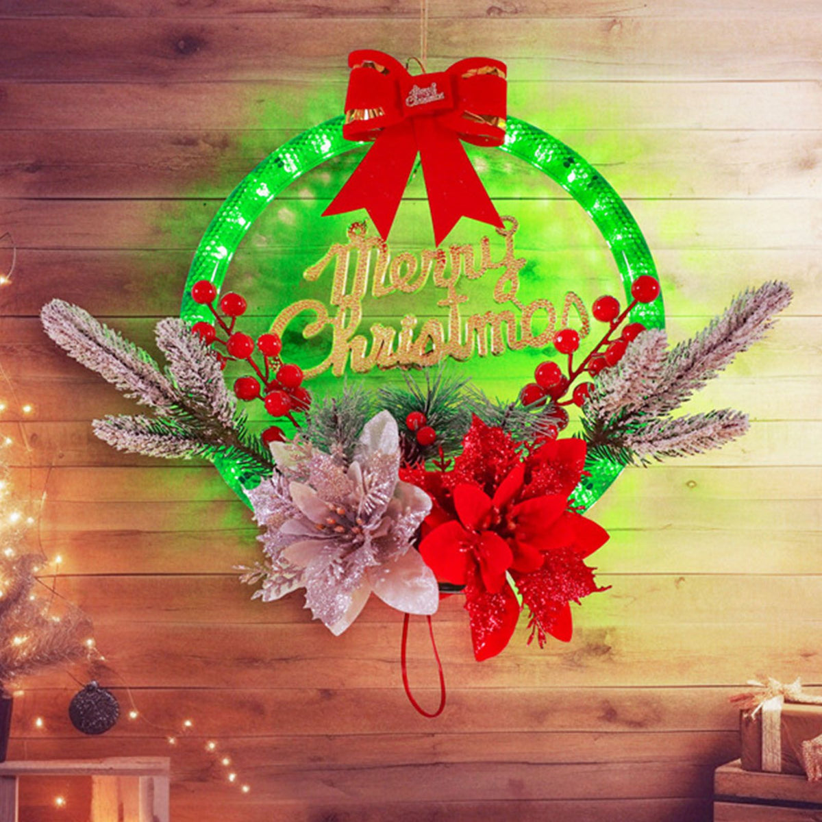 Christmas Wreath Light Decoration Artificial Red Berry Pine Needle LED Lighted Christmas Wreath Decor Red Flower