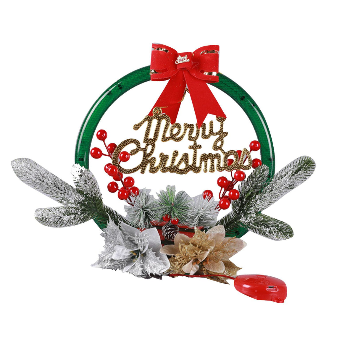 Christmas Wreath Light Decoration Artificial Red Berry Pine Needle LED Lighted Christmas Wreath Decor Gold Silver Flower