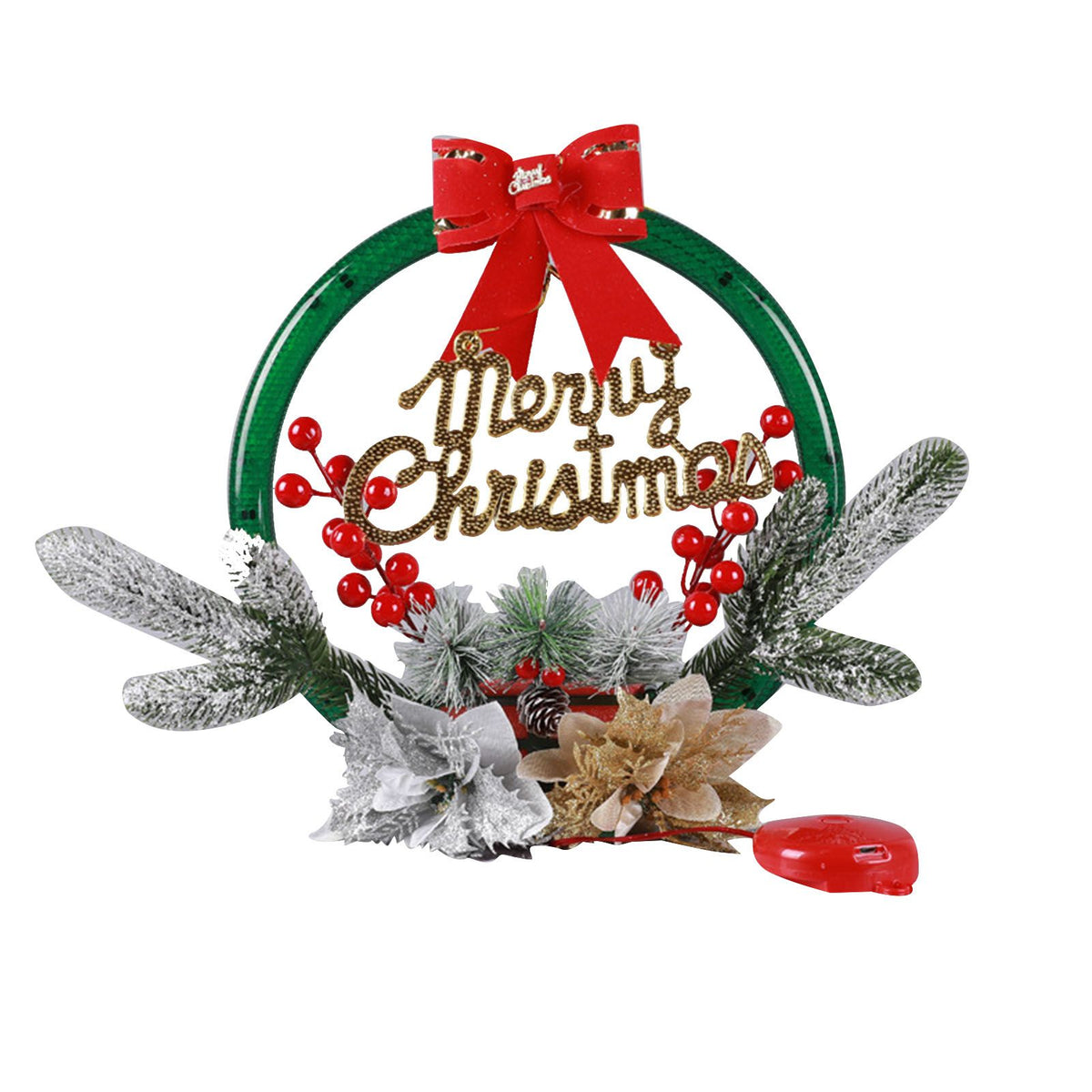 Christmas Wreath Light Decoration Artificial Red Berry Pine Needle LED Lighted Christmas Wreath Decor Gold Silver Flower